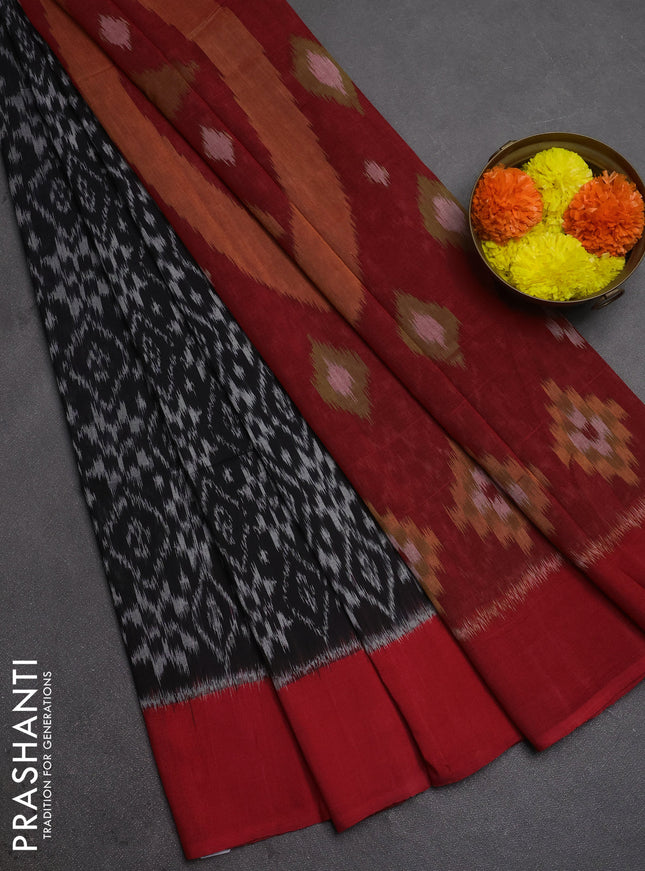 Ikat cotton saree black and red with allover ikat weaves and simple border