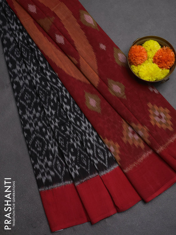 Ikat cotton saree black and red with allover ikat weaves and simple border