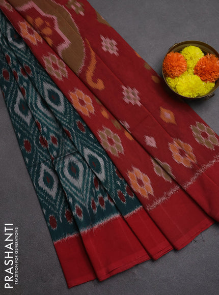 Ikat cotton saree peacock green and red with allover ikar weaves and simple border