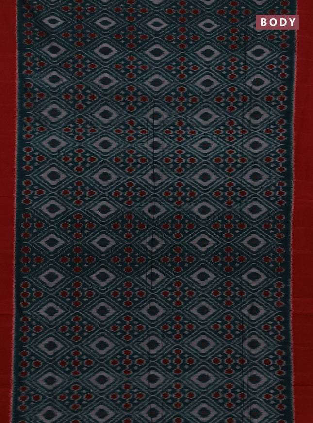 Ikat cotton saree peacock green and red with allover ikar weaves and simple border