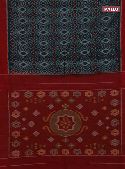 Ikat cotton saree peacock green and red with allover ikar weaves and simple border