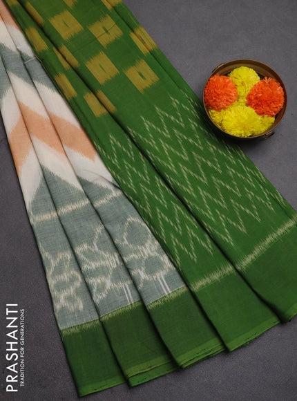Ikat cotton saree off white and sap green with allover zigzag ikat weaves and simple border