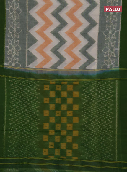 Ikat cotton saree off white and sap green with allover zigzag ikat weaves and simple border