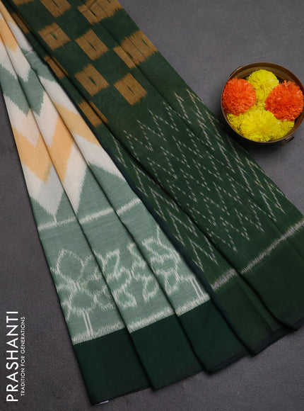 Ikat cotton saree off white and bottle green with allover zigzag ikat weaves and simple border