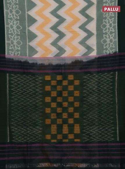 Ikat cotton saree off white and bottle green with allover zigzag ikat weaves and simple border