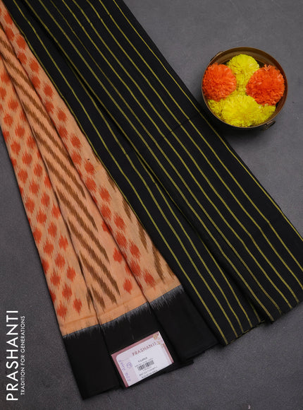 Ikat cotton saree peach shade and black with allover ikat weaves and simple border