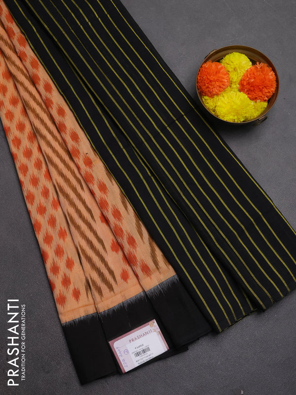 Ikat cotton saree peach shade and black with allover ikat weaves and simple border