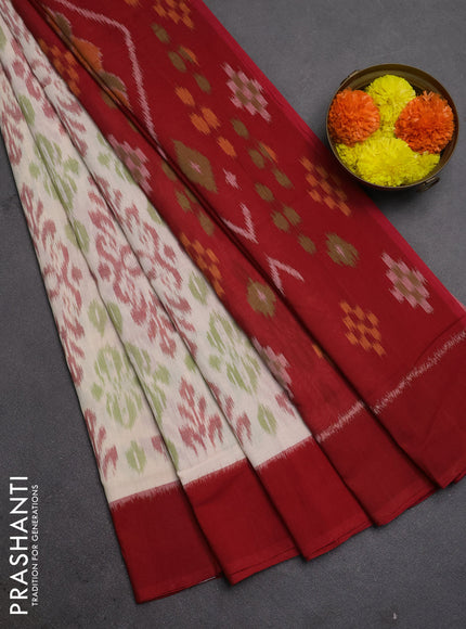Ikat cotton saree cream and red with allover ikat weaves and simple border