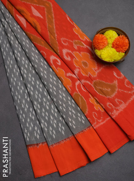 Ikat cotton saree grey and orange with allover ikat weaves and long ikat woven border
