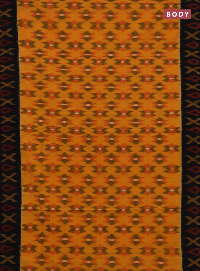 Ikat cotton saree sunset orange and black with allover ikat woven buttas and ikat woven border