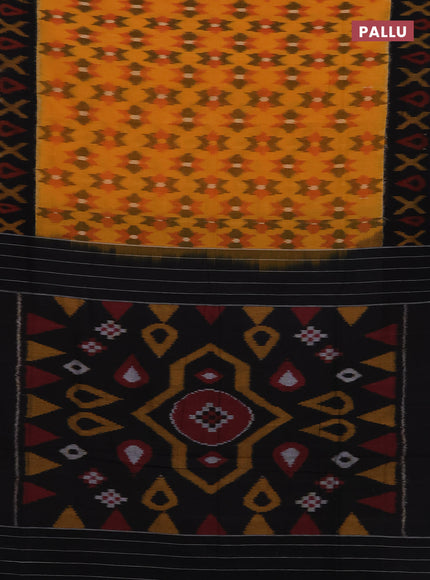 Ikat cotton saree sunset orange and black with allover ikat woven buttas and ikat woven border