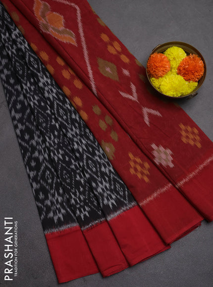 Ikat cotton saree black and red with allover ikat weaves and simple border