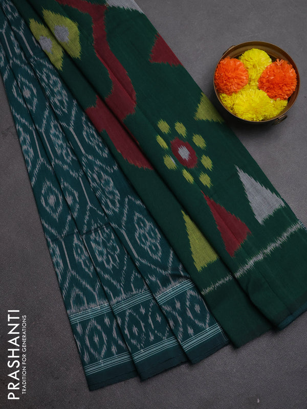 Ikat cotton saree peacock green with allover ikat woven butta weaves and ikat woven border
