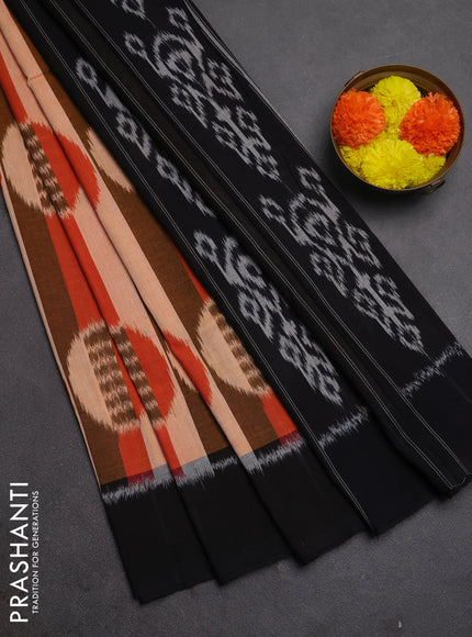 Ikat cotton saree peach shade and black with allover stripes & ikat woven buttas and simple border