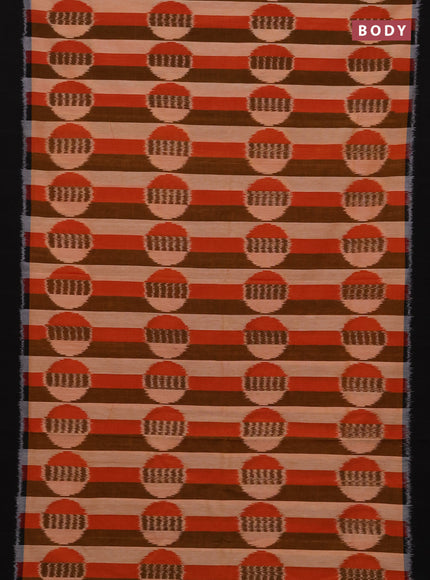 Ikat cotton saree peach shade and black with allover stripes & ikat woven buttas and simple border