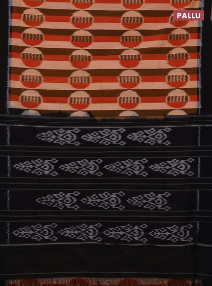 Ikat cotton saree peach shade and black with allover stripes & ikat woven buttas and simple border