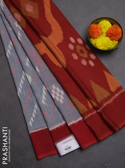 Ikat cotton saree grey and red with allover ikat woven butta weaves and simple border