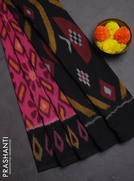 Ikat cotton saree pink and black with allover ikat weaves and ikat woven border