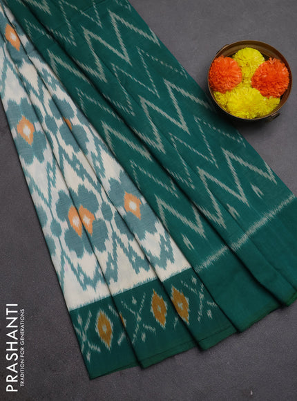 Ikat cotton saree off white and green with allover ikat weaves and ikat woven border