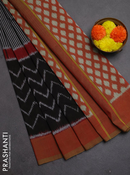 Ikat cotton saree black and dual shade of greenish red with allover stripe pattern and long ikat woven border