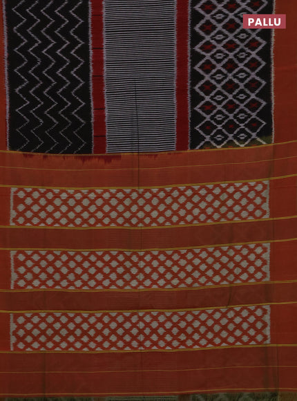 Ikat cotton saree black and dual shade of greenish red with allover stripe pattern and long ikat woven border