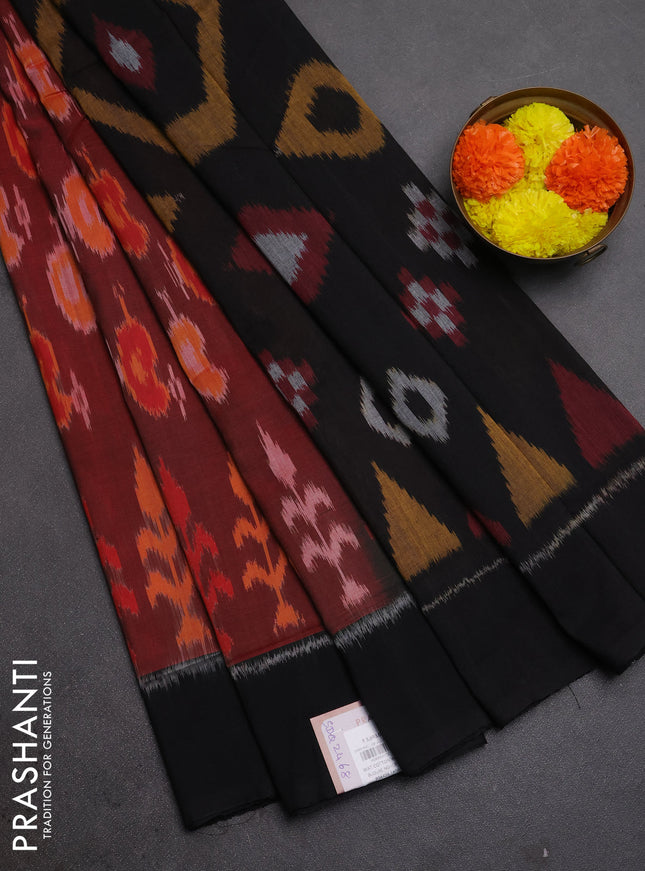Ikat cotton saree deep maroon and black with allover ikat woven buttas and simple border