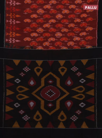 Ikat cotton saree deep maroon and black with allover ikat woven buttas and simple border