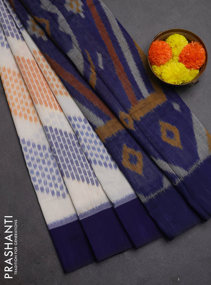 Ikat cotton saree off white and blue with allover ikat zigzag weaves and long ikat woven border