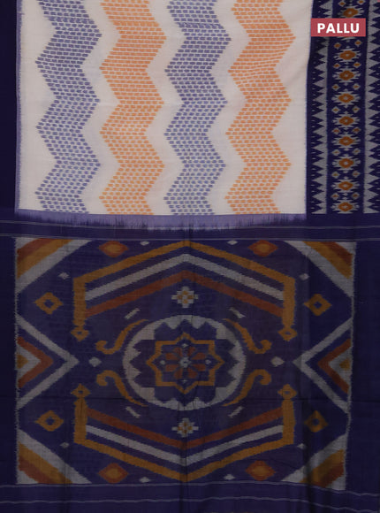 Ikat cotton saree off white and blue with allover ikat zigzag weaves and long ikat woven border