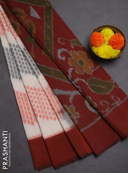 Ikat cotton saree off white and deep maroon with allover ikat zigzag weaves and long ikat woven border