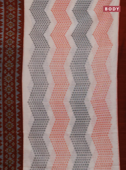 Ikat cotton saree off white and deep maroon with allover ikat zigzag weaves and long ikat woven border