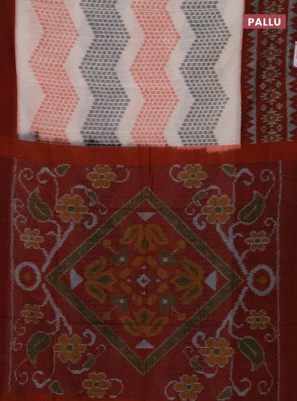 Ikat cotton saree off white and deep maroon with allover ikat zigzag weaves and long ikat woven border