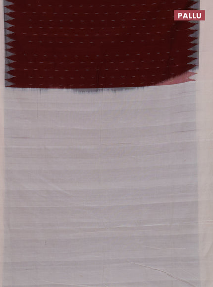 Ikat cotton saree deep maroon and off white with allover ikat woven butta weaves and simple border