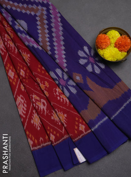 Ikat cotton saree maroon and blue with allover ikat weaves and simple border