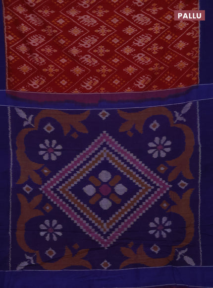 Ikat cotton saree maroon and blue with allover ikat weaves and simple border