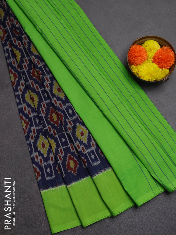 Ikat cotton saree blue and light green with allover ikat weaves and simple border