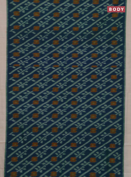 Ikat cotton saree peacock blue and off white with allover ikat weaves and simple border