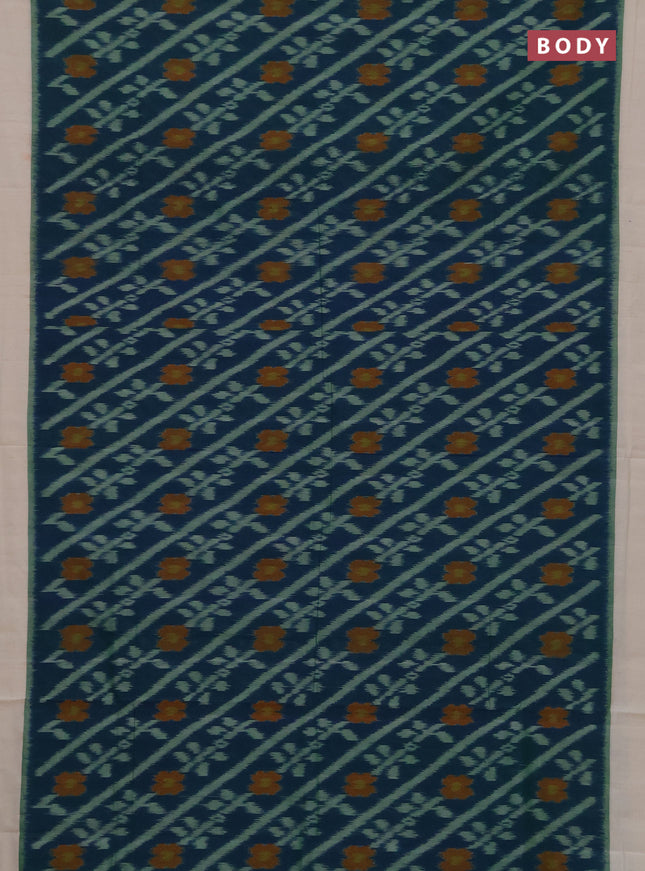 Ikat cotton saree peacock blue and off white with allover ikat weaves and simple border