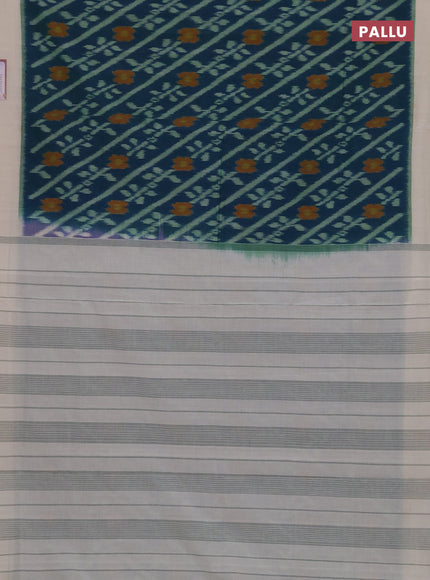 Ikat cotton saree peacock blue and off white with allover ikat weaves and simple border