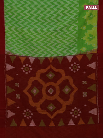 Ikat cotton saree light green and red with allover ikat zigzag weaves and simple border