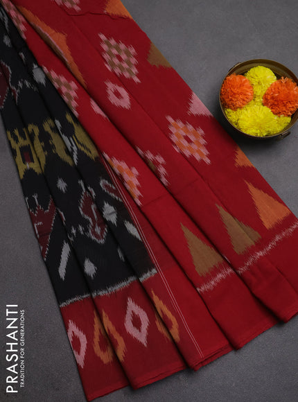 Ikat cotton saree coffee brown and red with allover ikat weaves and ikat woven butta border