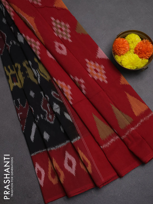 Ikat cotton saree coffee brown and red with allover ikat weaves and ikat woven butta border