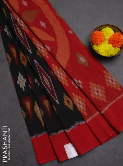 Ikat cotton saree deep coffee brown and red with allover ikat weaves and simple border