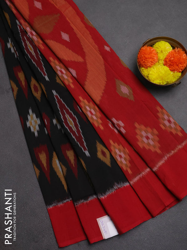 Ikat cotton saree deep coffee brown and red with allover ikat weaves and simple border