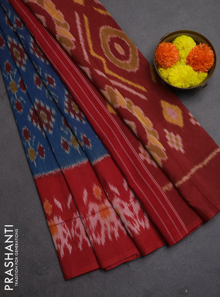 Ikat cotton saree peacock blue and red with allover ikat weaves and long ikat woven border