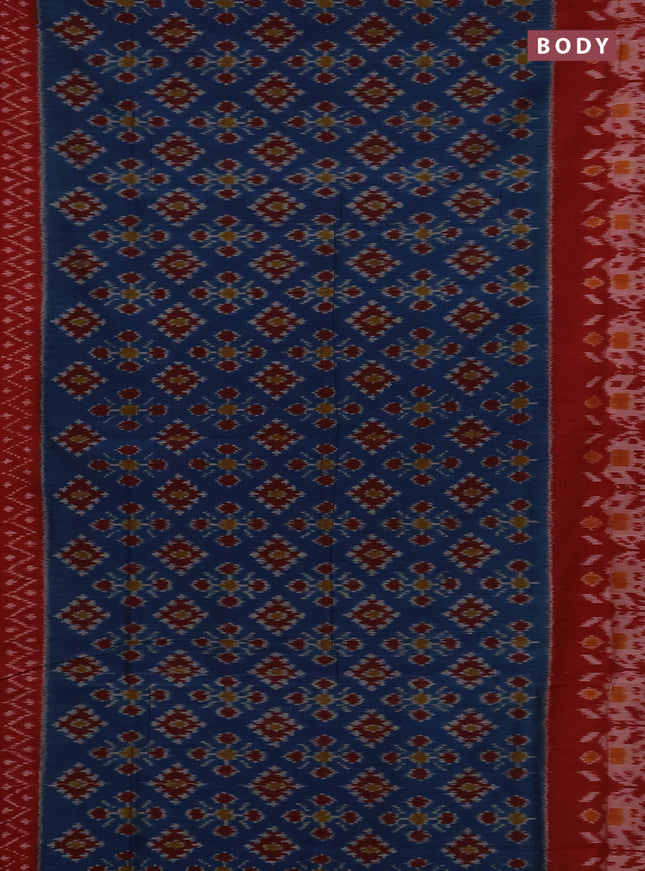 Ikat cotton saree peacock blue and red with allover ikat weaves and long ikat woven border