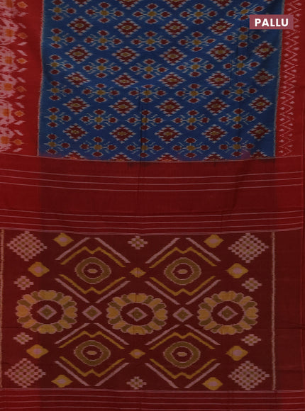 Ikat cotton saree peacock blue and red with allover ikat weaves and long ikat woven border