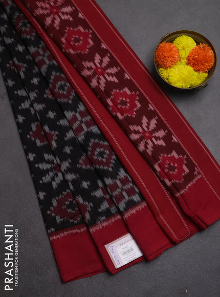 Ikat cotton saree black and red with allover ikar weaves and simple border