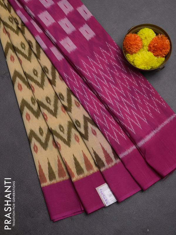 Ikat cotton saree peach shade and pink with allover ikat zigzag weaves and simple border