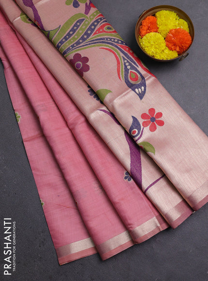 Jamdhani cotton saree light pink with thread & zari woven floral buttas and jamdhani pallu